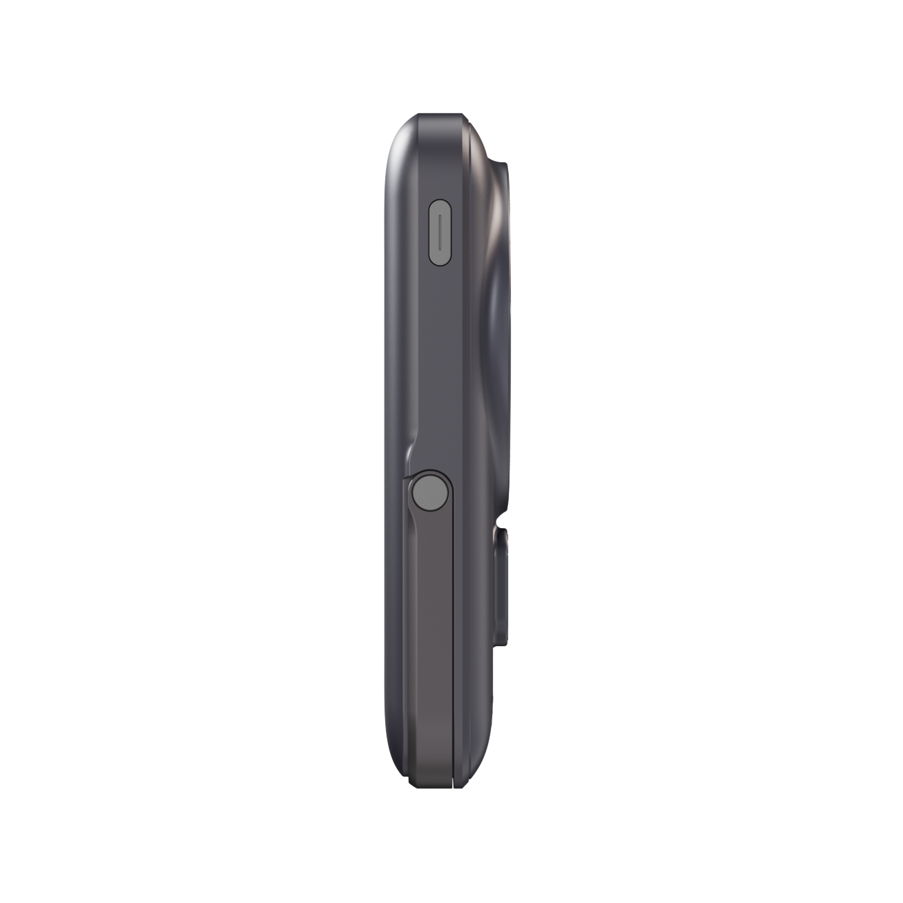 Side profile of the black iCharger MAX Ultra Pro with stand unfolded, showcasing slim design and USB-C port, ideal for mobile charging.