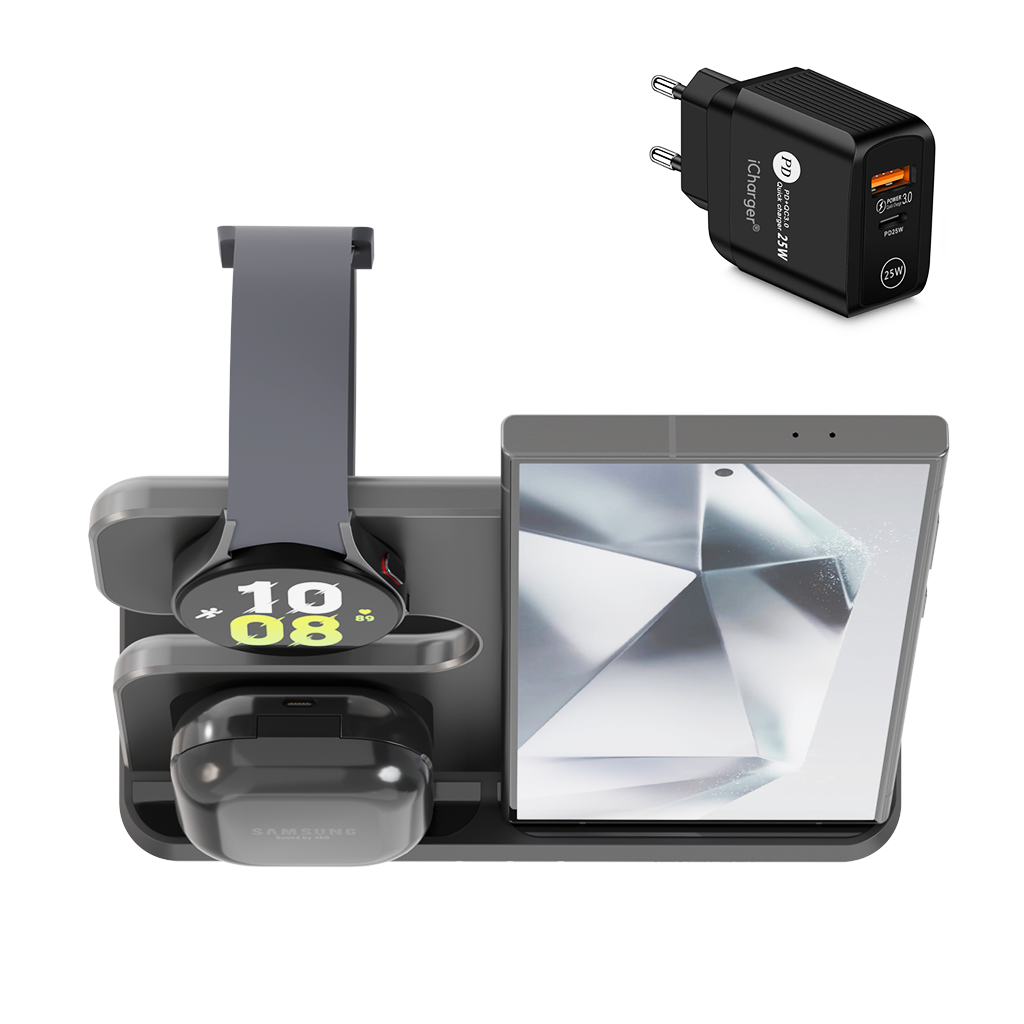 iCharger Samsungs editie in zwart, 3-in-1 Qi draadloze oplaadstation met een tablet, smartwatch en oordopjes, inclusief een iCharger 25W adapter.