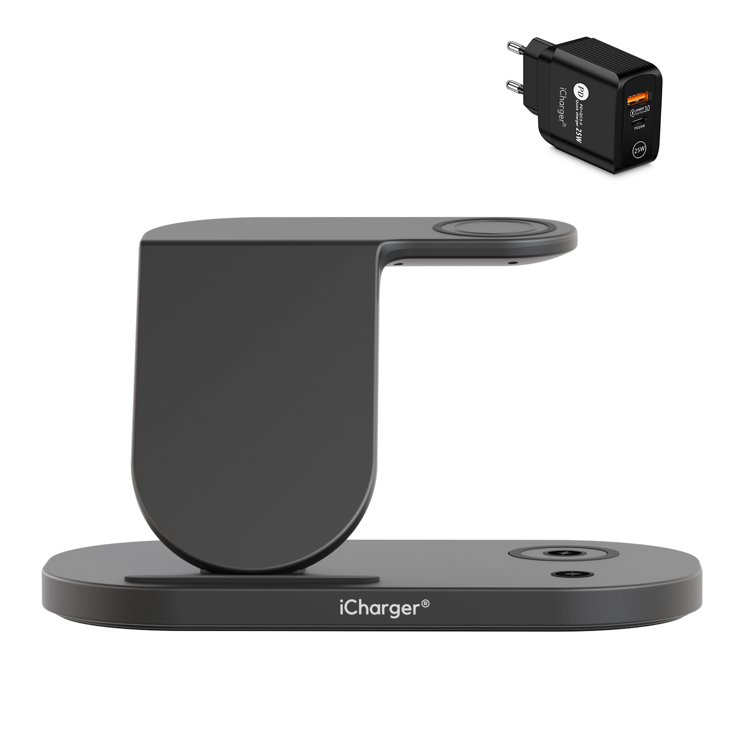 iCharger Samsung Pro Edition with 3-in-1 wireless charging pad and USB-C fast charger adapter for Samsung Galaxy devices.