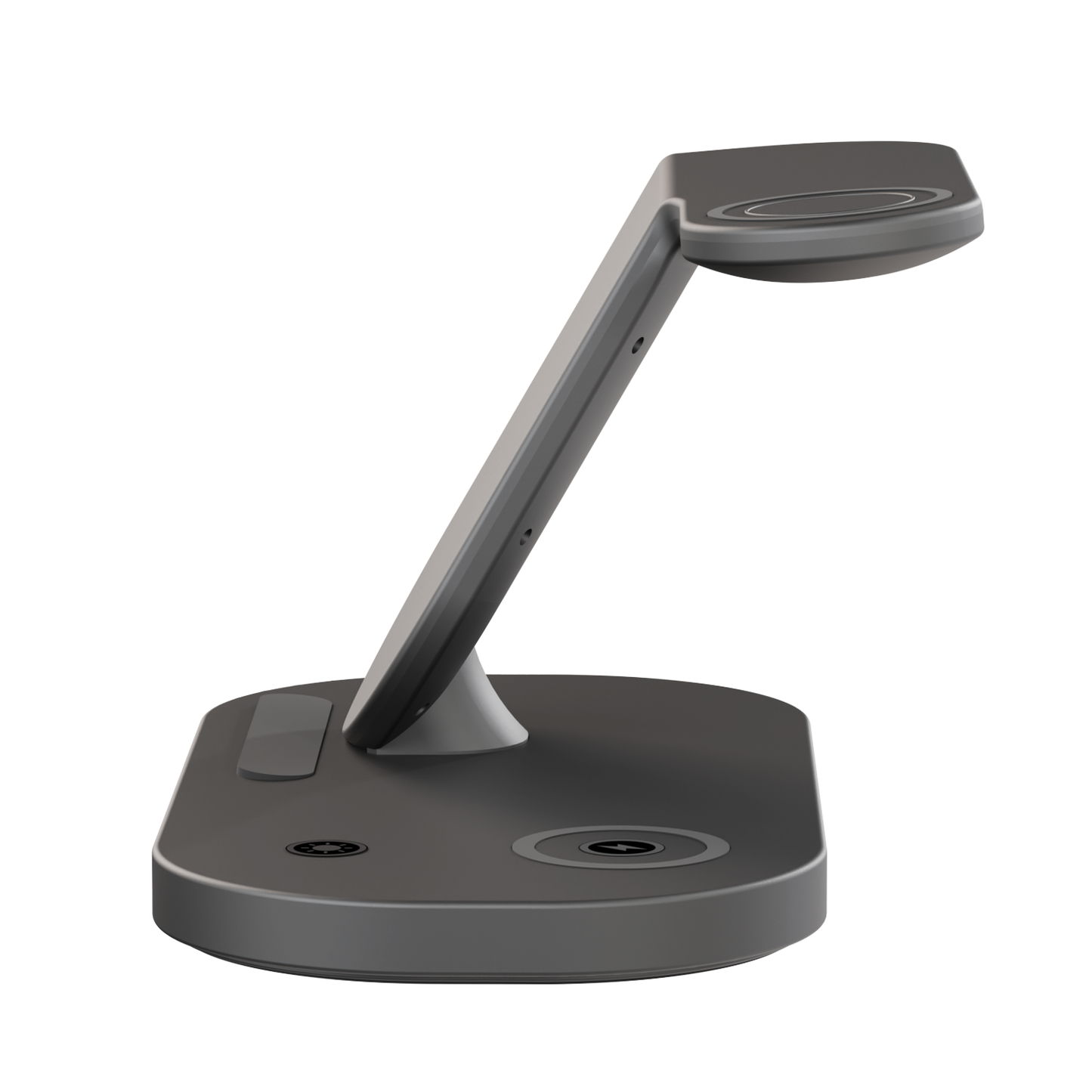 Side view of iCharger Samsung Pro 3-in-1 charging station with a sleek smartphone, smartwatch, and wireless earbuds, showcasing convenient charging technology.