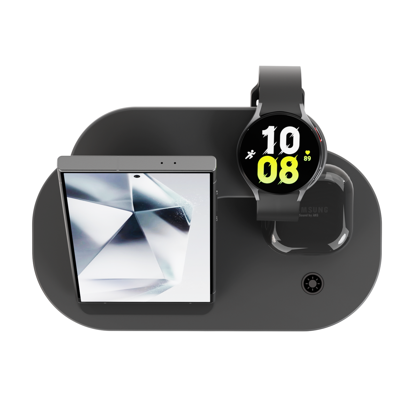 Top view of iCharger Samsung Pro wireless charging pad with a Galaxy smartphone and smartwatch showing time and weather updates.