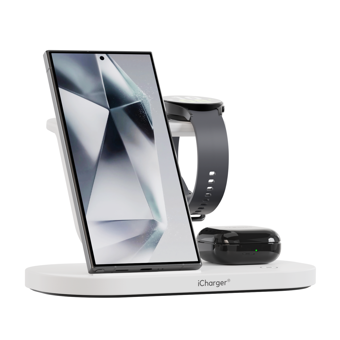 White iCharger Samsung Pro 3-in-1 wireless charging system with modern design, showing a charging Galaxy smartphone, smartwatch, and earbuds on a white platform with green LED.