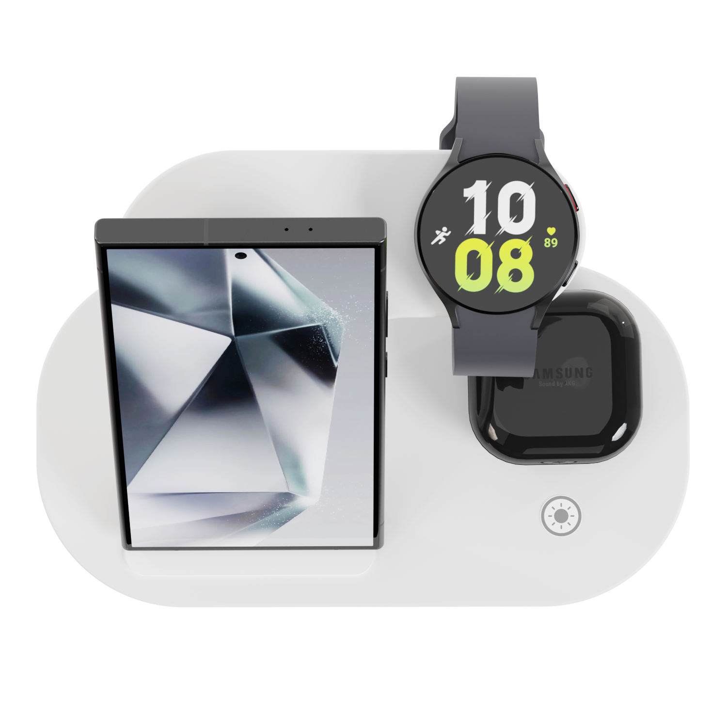 White iCharger Samsungs Pro 3-in-1 sleek white wireless charging station for Samsung, elegantly charging a smartphone, smartwatch, and earbuds with green LED indicator.