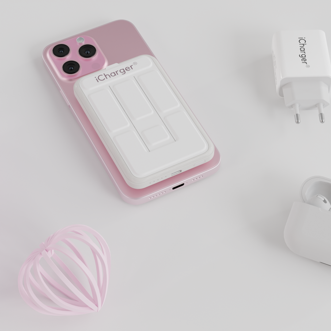 iCharger MAX Pro battery pack in a refreshing White shade with its stand feature, perfect for video calls and entertainment on the go.