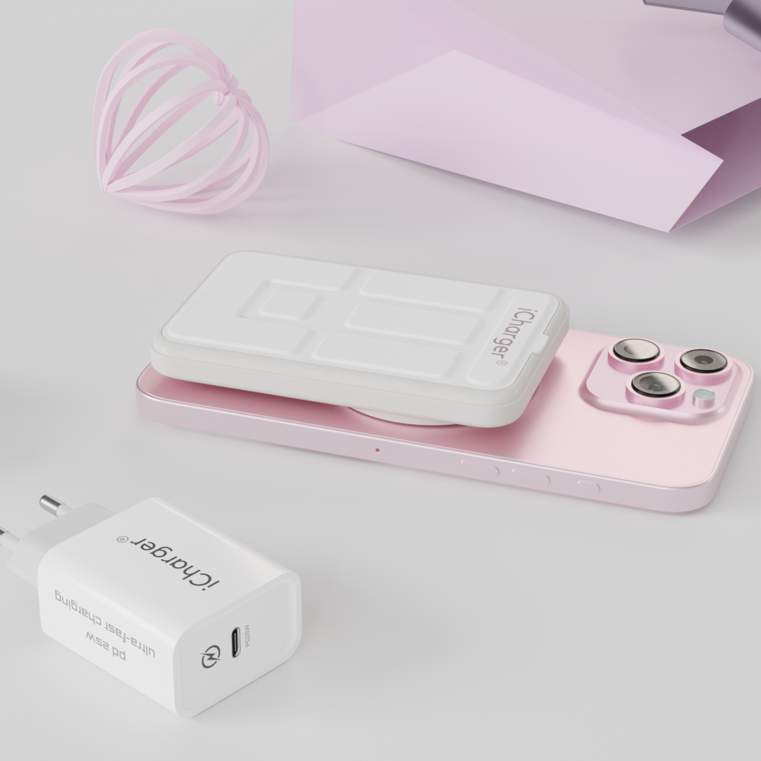 iCharger MAX Pro battery pack in a refreshing White shade with its stand feature, perfect for video calls and entertainment on the go.