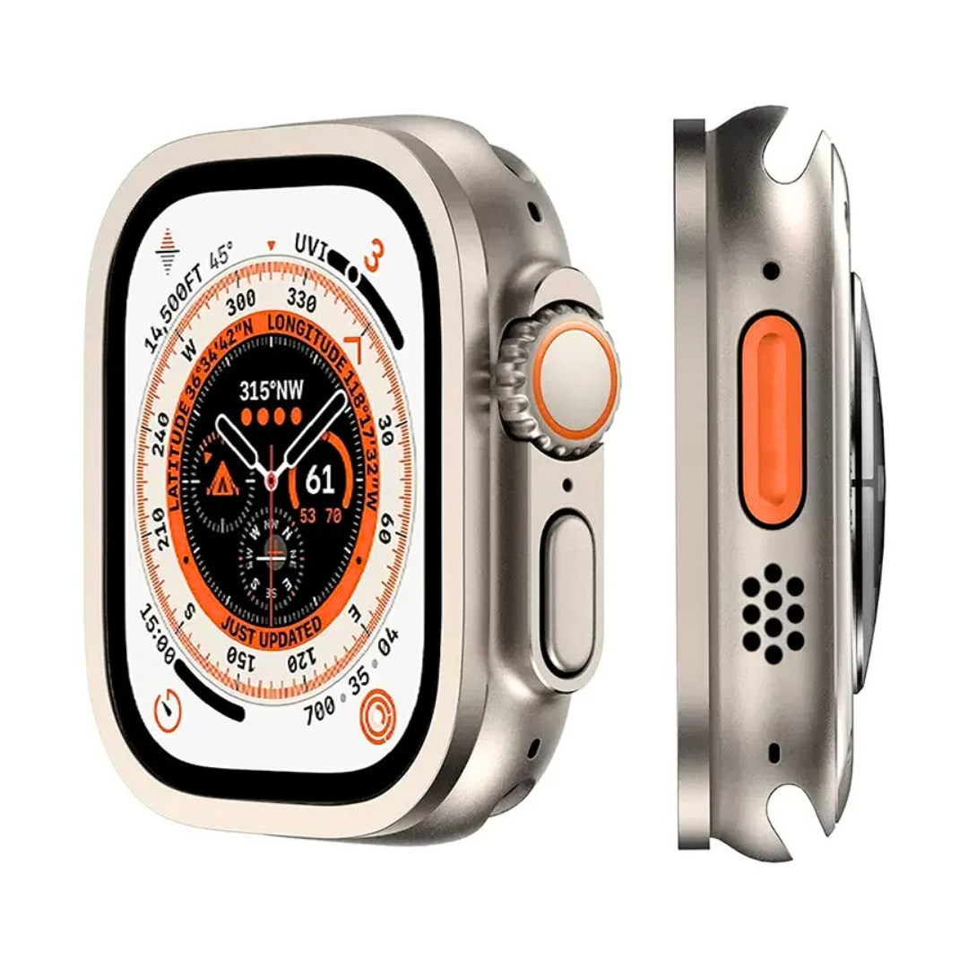 Side view of Apple Watch Ultra featuring TitanGuard 9H glass screen protector with titanium frame and orange digital crown.