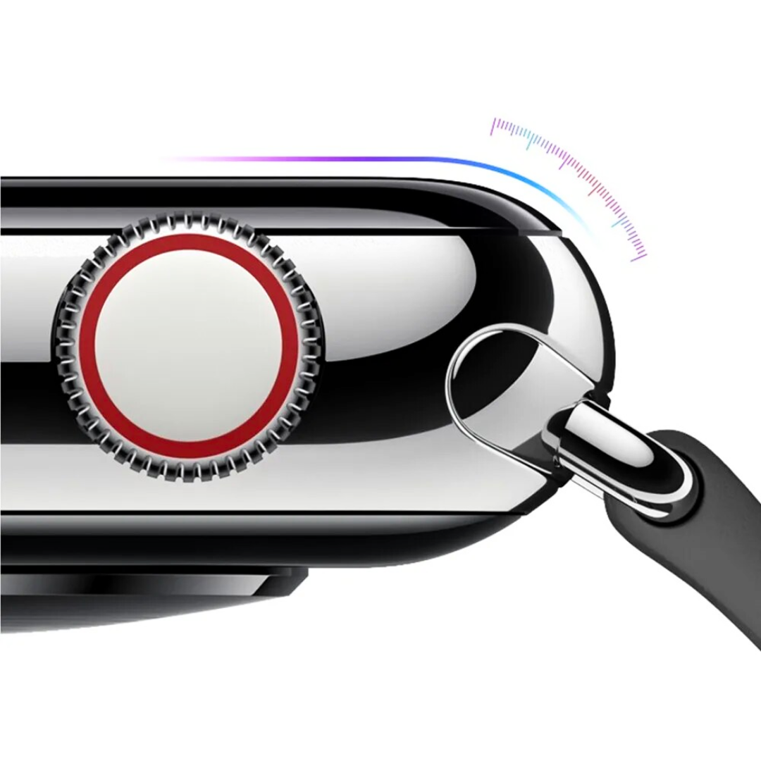 Close-up of the Apple Watch's side button and digital crown covered by a black screen protector indicating coverage and fit.