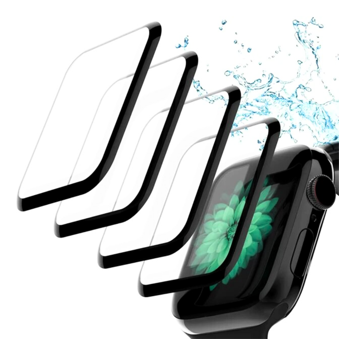 Apple Watch with black edge-to-edge screen protector and two additional protectors floating above it.