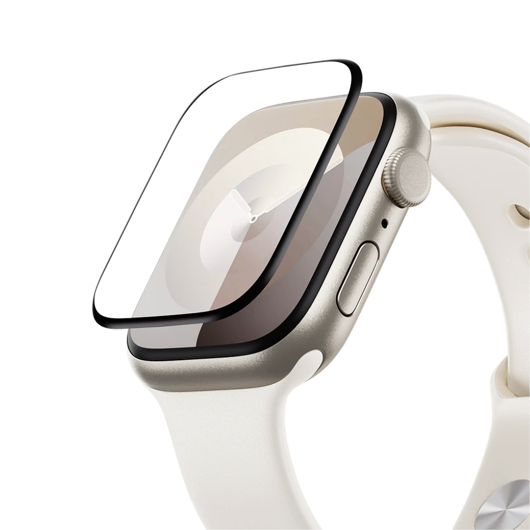 Apple Watch with a sleek black screen protector showcasing a full frontal view with clear display visibility.