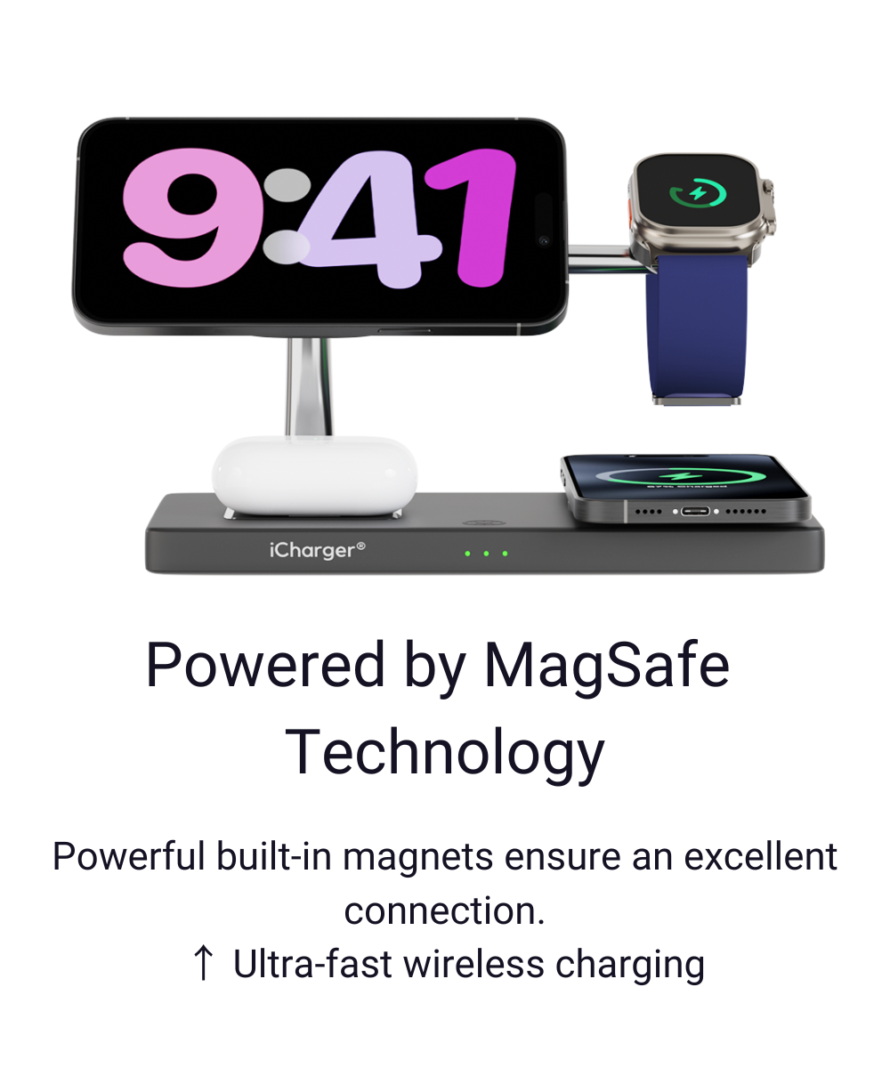 MagSafe-geactiveerd iCharger Ultra Pro 7-in-1 laaddock voor Apple & Samsung Watch, zorgt voor snelle stroomboost.