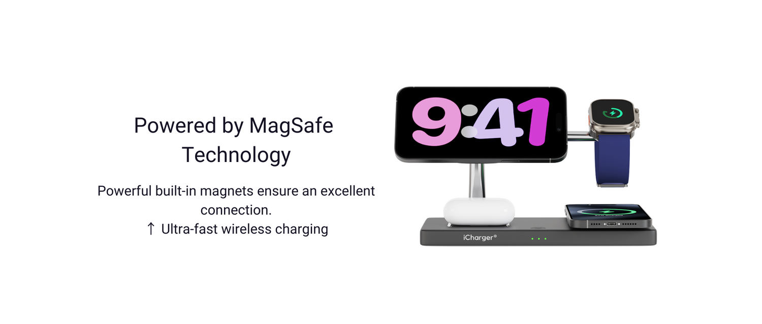 MagSafe-enabled iCharger Ultra Pro 7-in-1 charging dock for Apple & Samsung Watch, providing rapid power boost.
