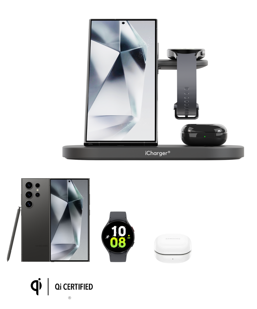 Samsung galaxy s24 smartphone, galaxy smartwatch, oordopjes en stylus weergegeven met Qi-gecertificeerde draadloze oplaadpad die een modern technologie-ecosysteem aangeeft.