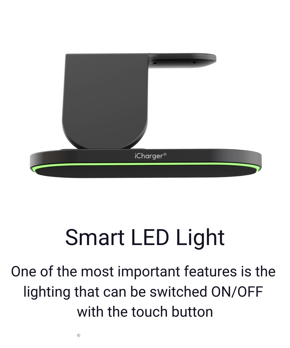 Smart LED-lichtfunctie op iCharger draadloze oplaadpad met een touchknop voor aan/uit-bediening.