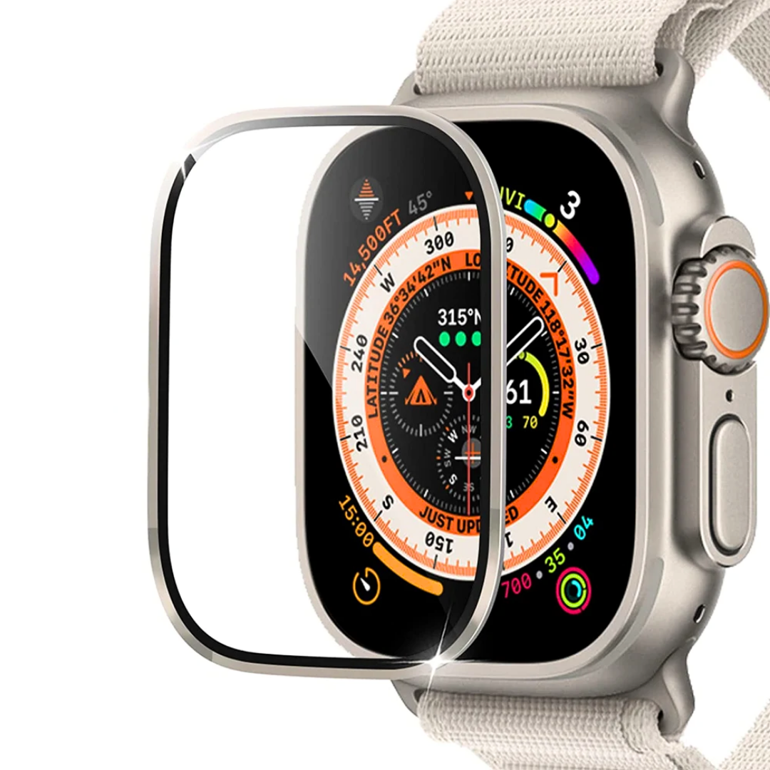 TitanGuard 9H Ultra Watch Cover on Apple Watch with titanium case and white band, highlighting screen clarity.