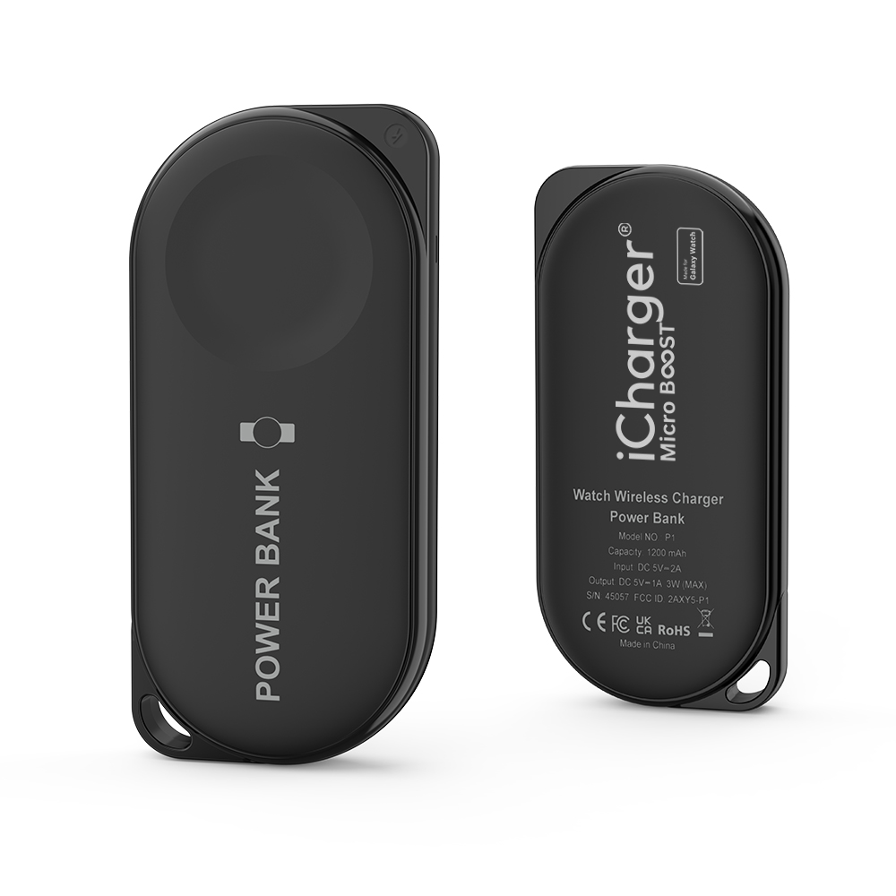 Black iCharger MicroBOOST wireless power bank for Samsung Galaxy Watch, lightweight and portable design