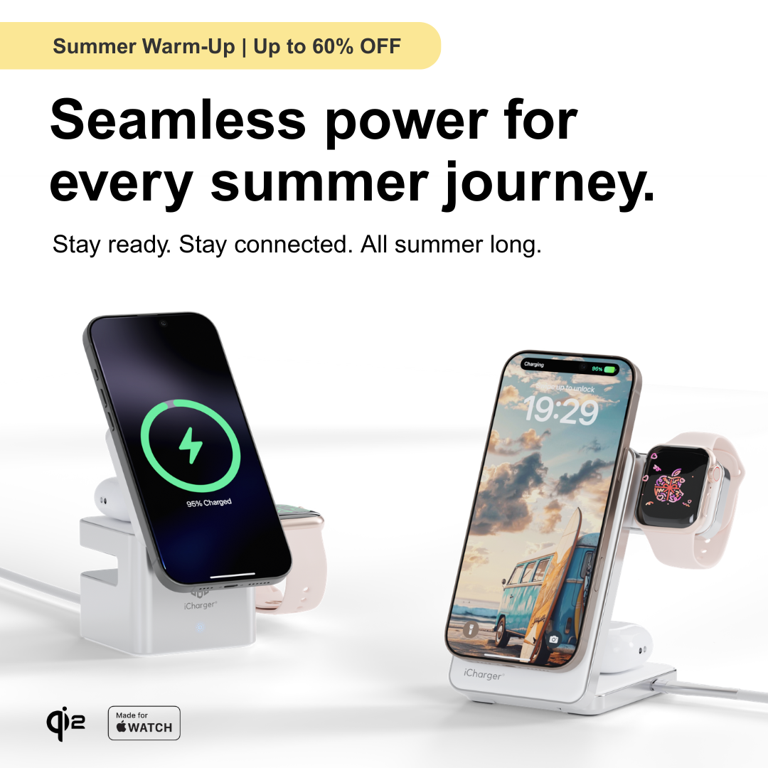 iCharger Qi2 3-in-1 wireless charger for iPhone and Apple Watch — premium compact charging station.
