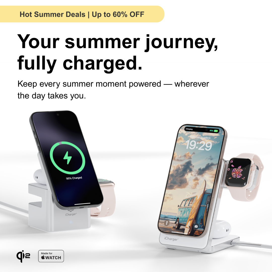 iCharger Qi2 3-in-1 wireless charger for iPhone and Apple Watch — premium compact charging station.