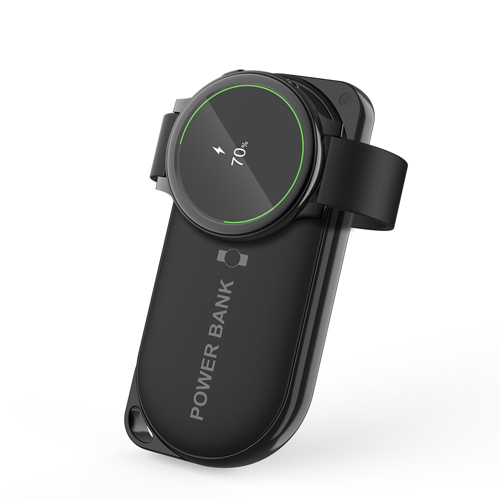 Samsung Galaxy Watch charging on iCharger MicroBOOST compact wireless power bank in black