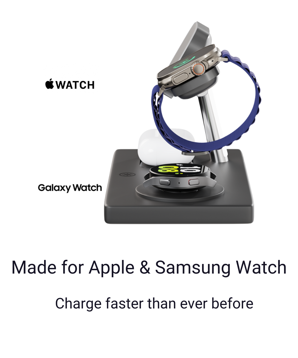 Snellaad MagSafe-station compatibel met Apple en Samsung horloges getoond op de iCharger Ultra Pro 7-in-1.