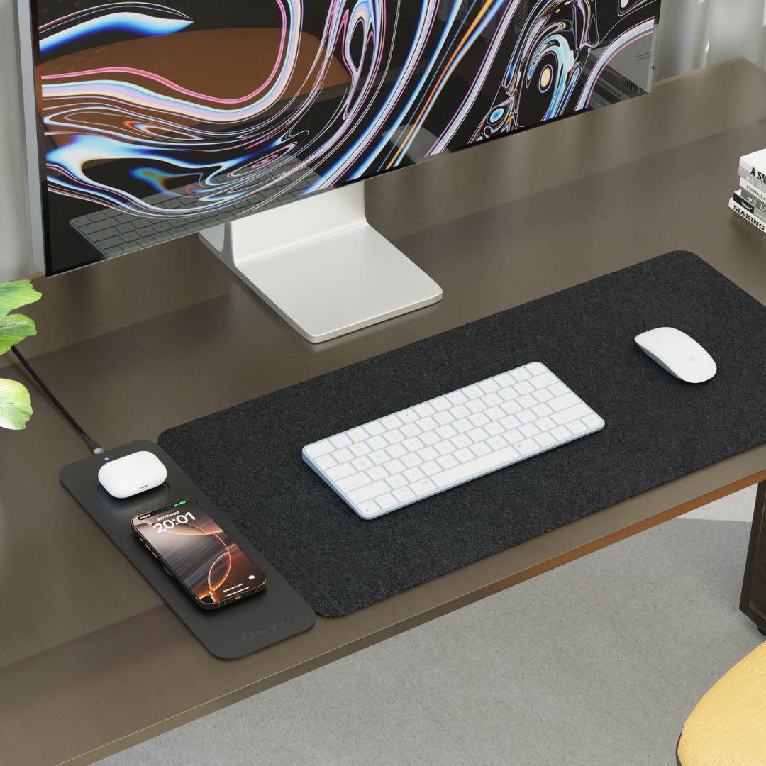 Modern Workspace Setup with iCharger NexusMat – Wireless Charging Station for iPhone and AirPods, Stylish Desk Mat