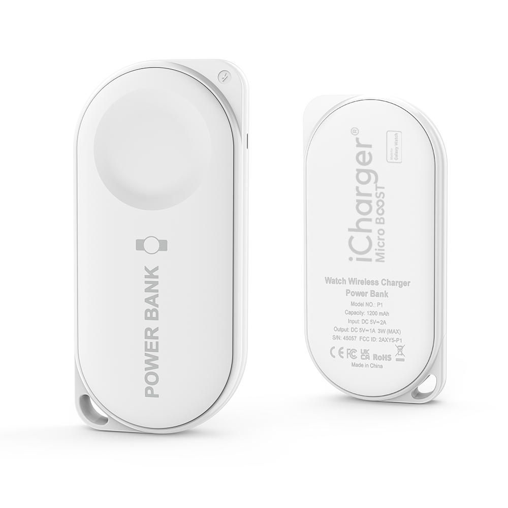 White iCharger MicroBOOST wireless power bank for Samsung Galaxy Watch, 1200mAh compact charging solution