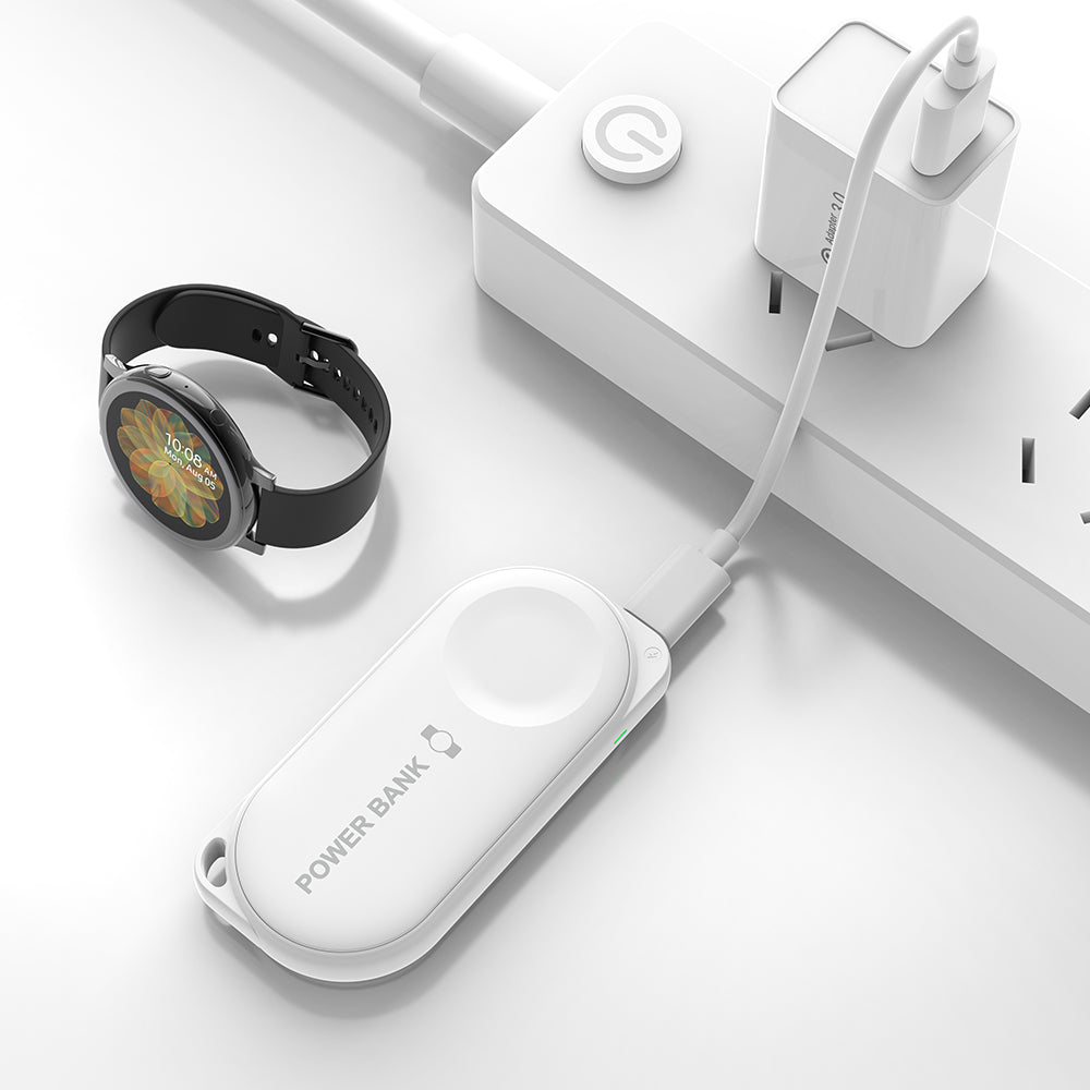 White iCharger MicroBOOST wireless power bank with Samsung Galaxy Watch and Type-C fast charging connection