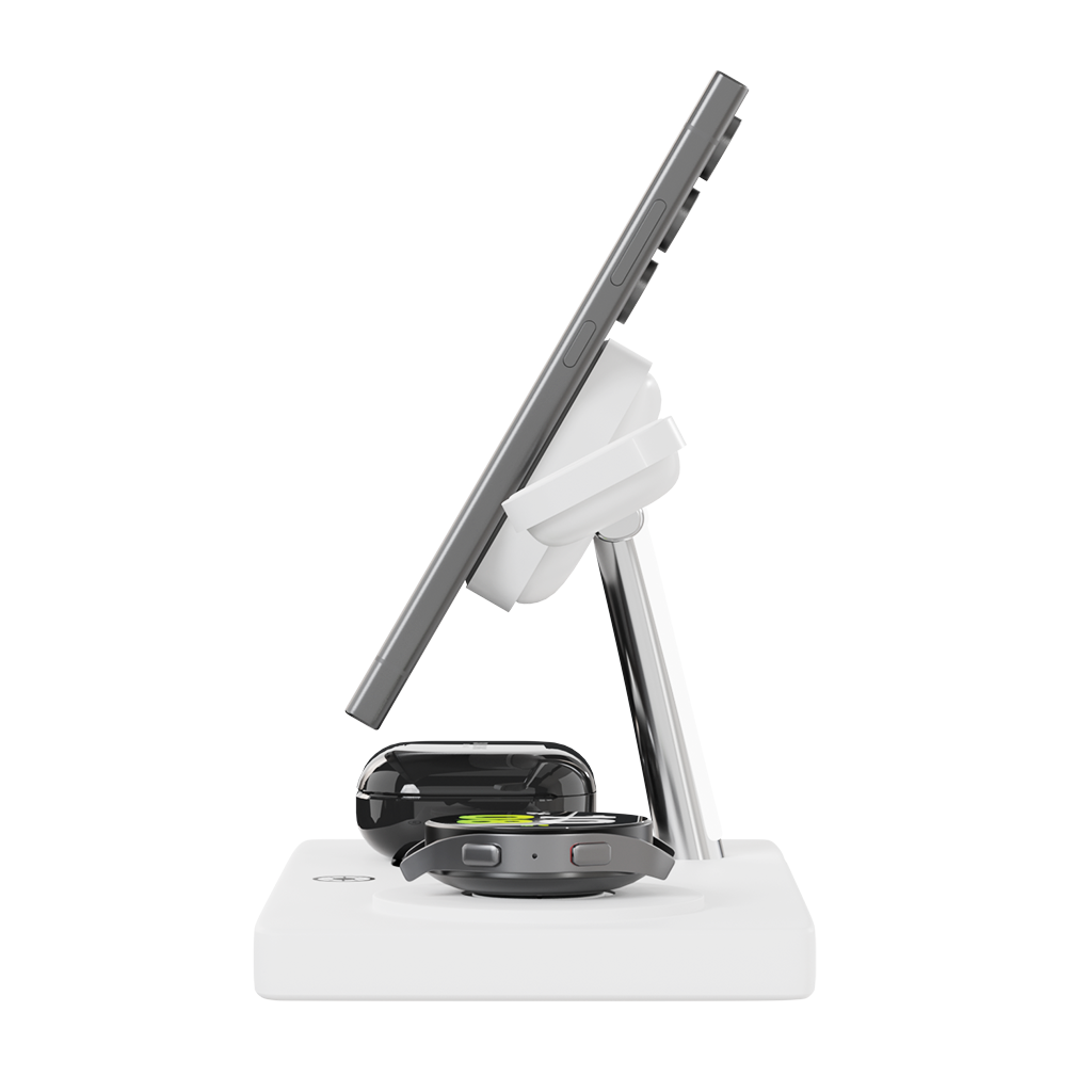 Witte iCharger MagSafe Ultra Pro 7-in-1 draadloze oplaadstation zonder apparaten, met een magnetische oplaadarm en een oplaadpod iPhone Galaxy phone apple watch en galaxy watch