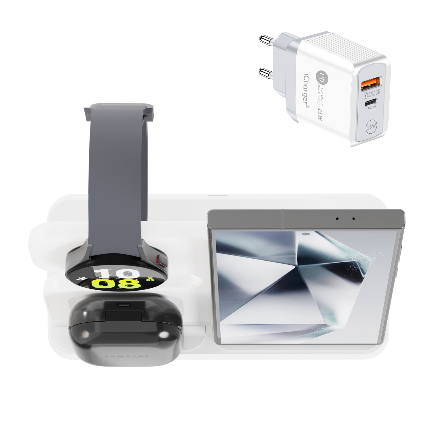 iCharger Samsungs editie in wit, 3-in-1 Qi draadloze oplaadstation met een tablet, smartwatch en oordopjes, inclusief een iCharger adapter.