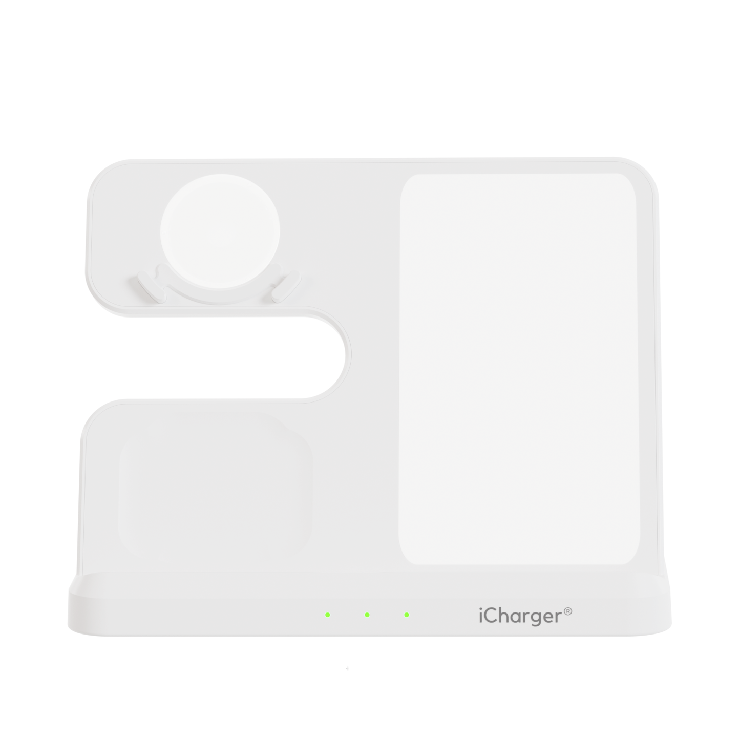 iCharger Samsungs editie in wit, 3-in-1 Qi draadloze oplaadstation met een tablet, smartwatch en oordopjes, inclusief een iCharger stekker.
