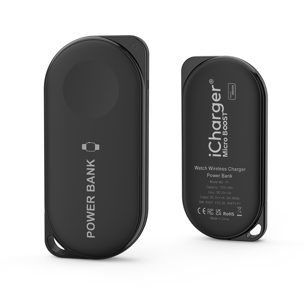 Front and back view of black iCharger MicroBOOST, Apple Watch-compatible power bank