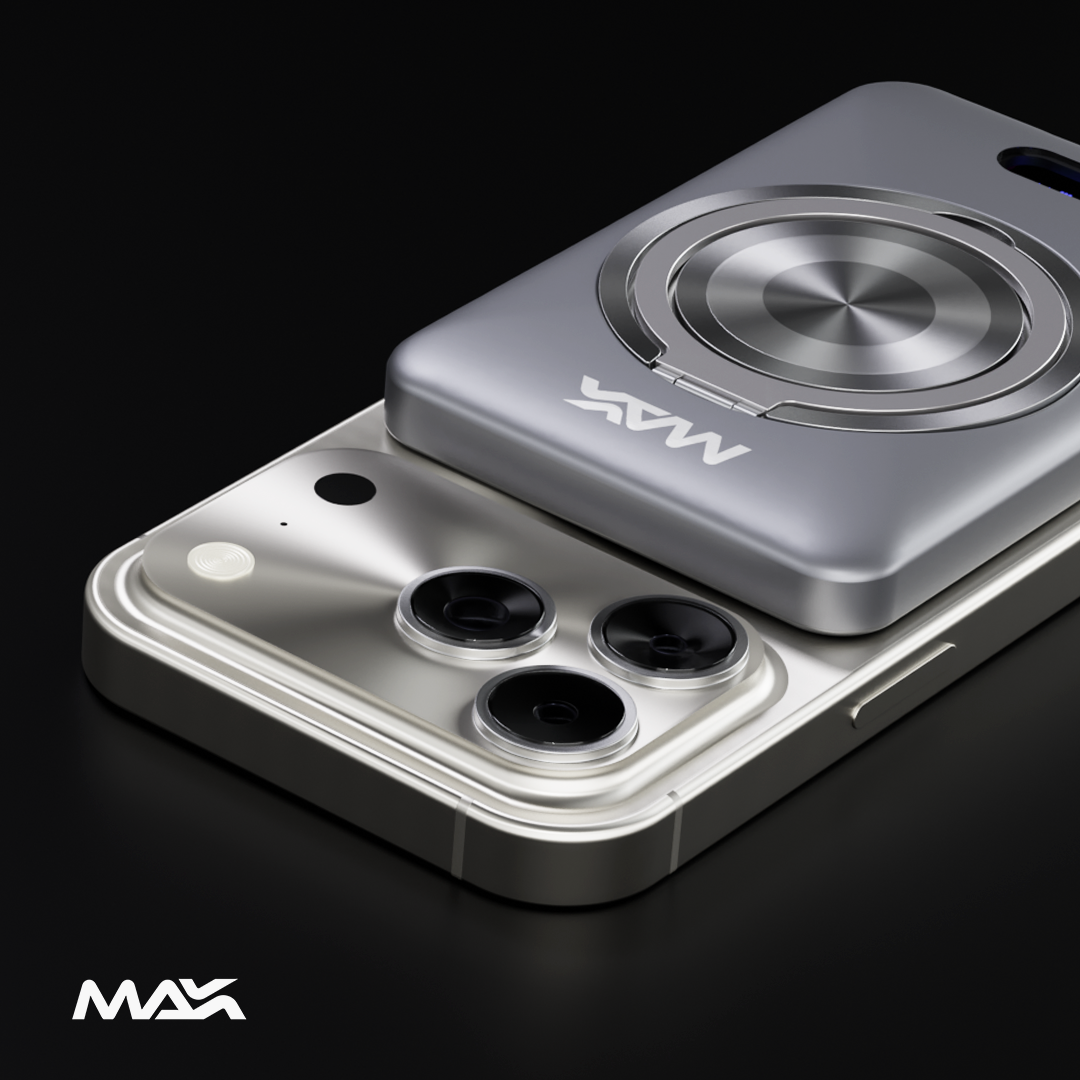 Mobile iPhone 17 pro max Smartphone with iCharger MAX Ultra branding powerbank on a black background 