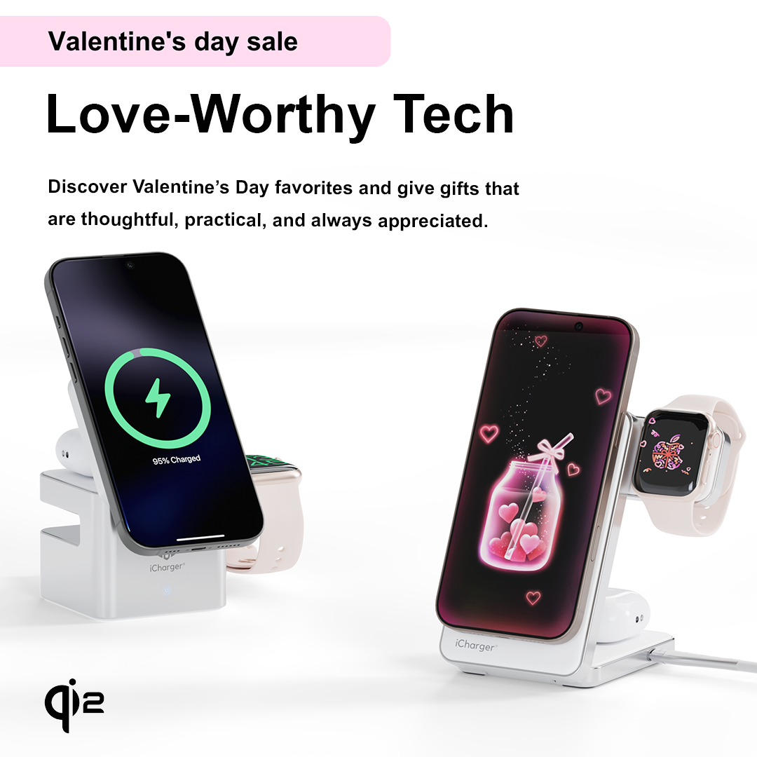 Qi2 wireless charging station with smartphone, smartwatch, and bracelet on a white background with Valentine's Day sale text.