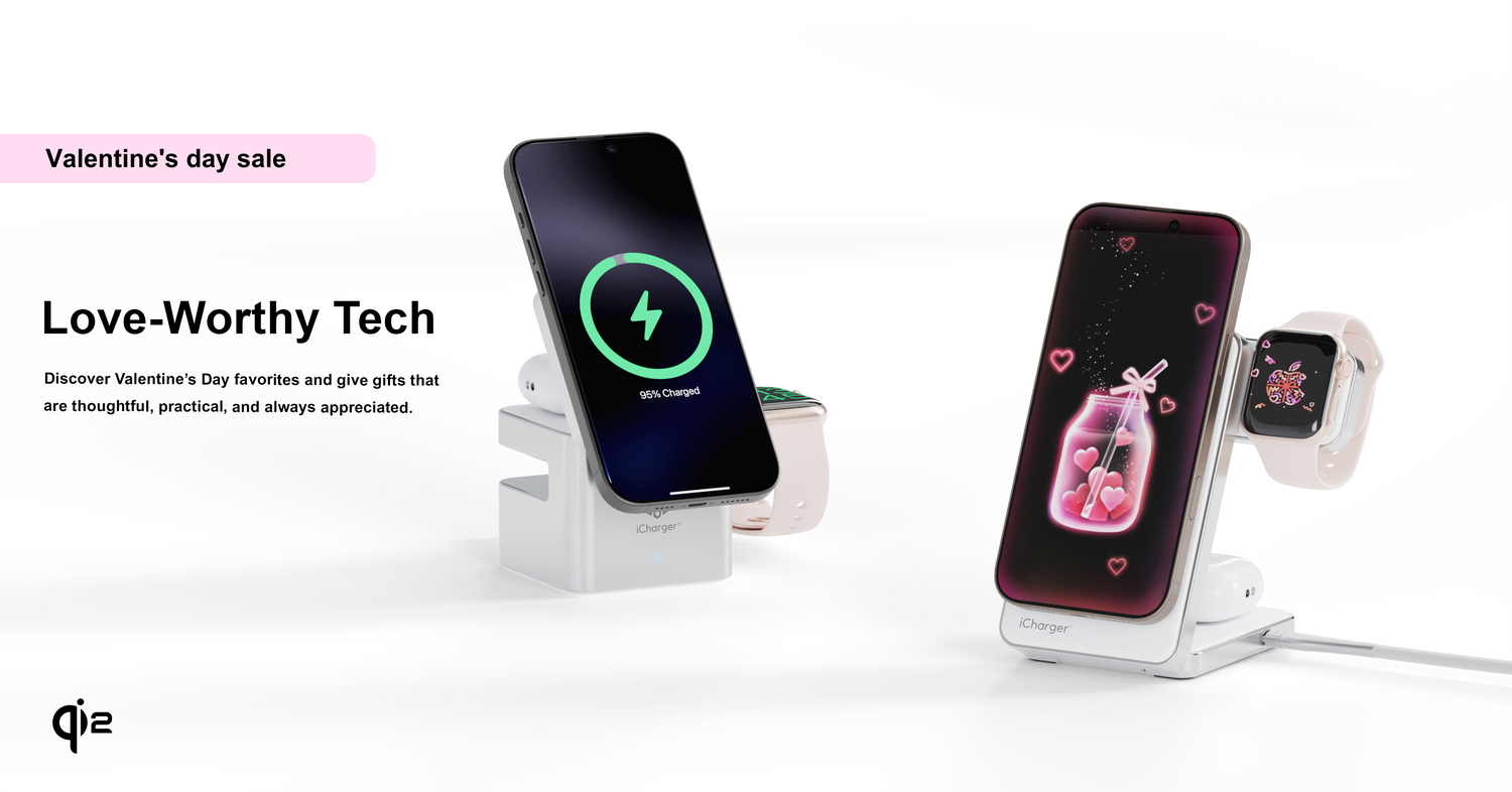 Wireless charging station with smartphone, tablet, and smartwatch on a white background with Valentine's Day sale text.