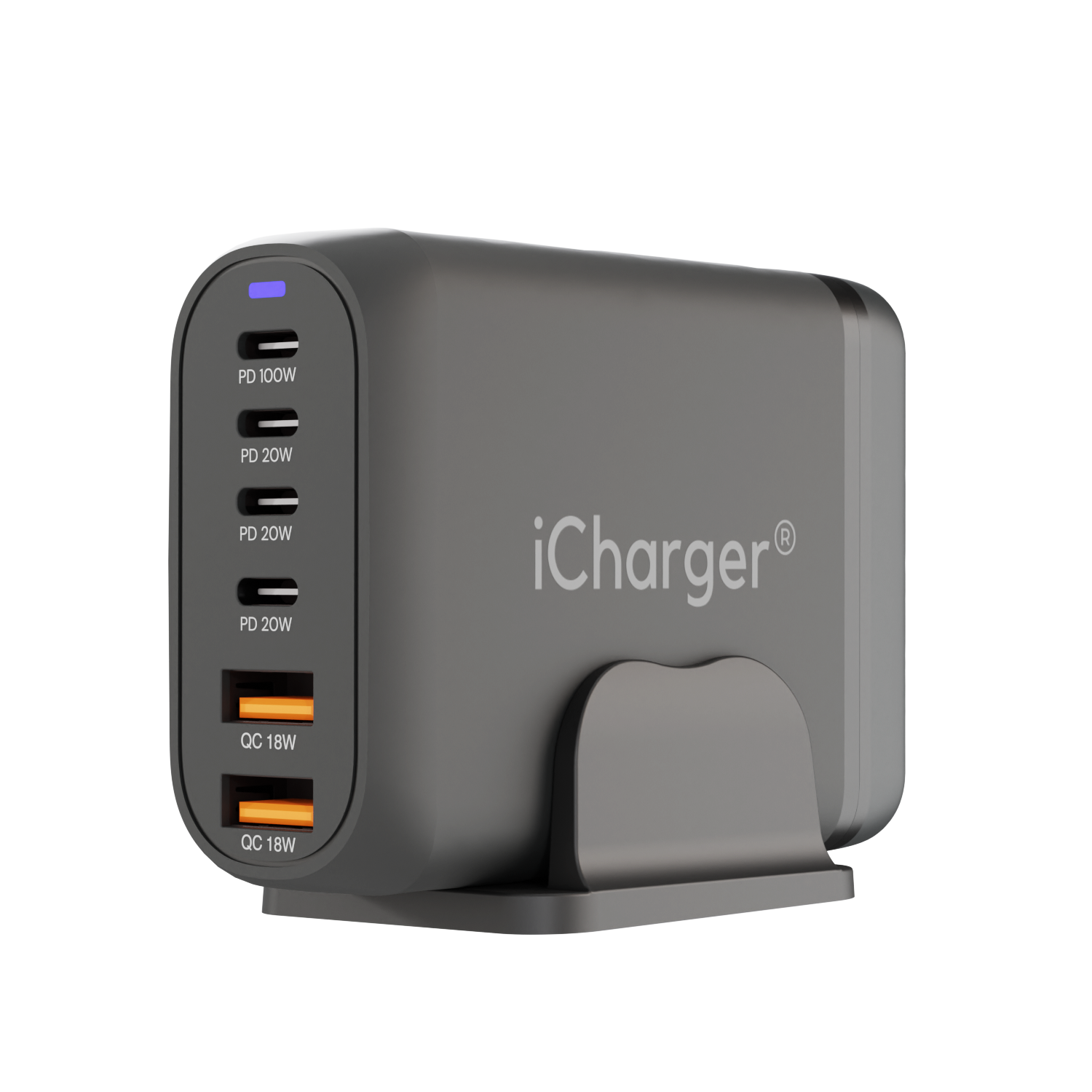 "iCharger 200W GaN3 5-in-1 Desk Power Station featuring USB-C and USB-A ports on a wooden desk with gadgets charging.