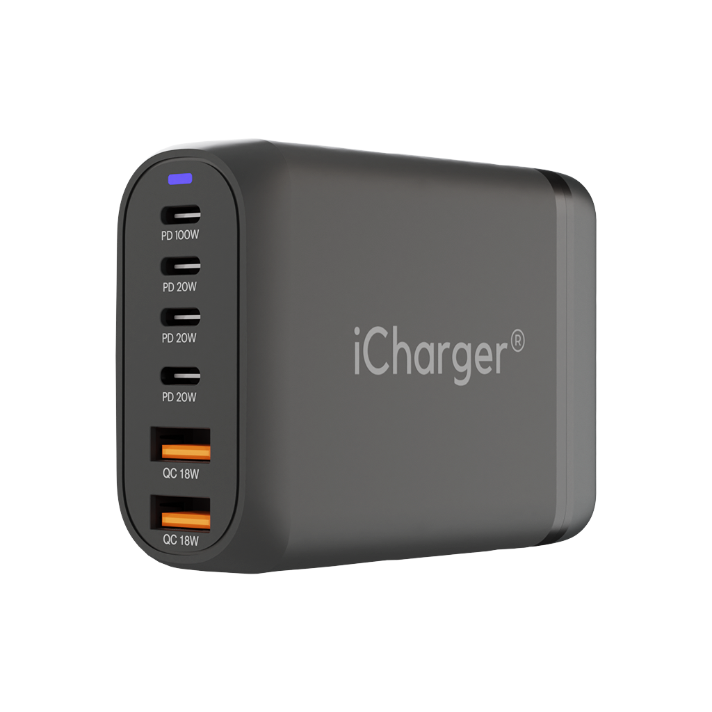Compact and sleek iCharger 200W GaN3 Power Station with multiple charging ports, ideal for tech enthusiasts.