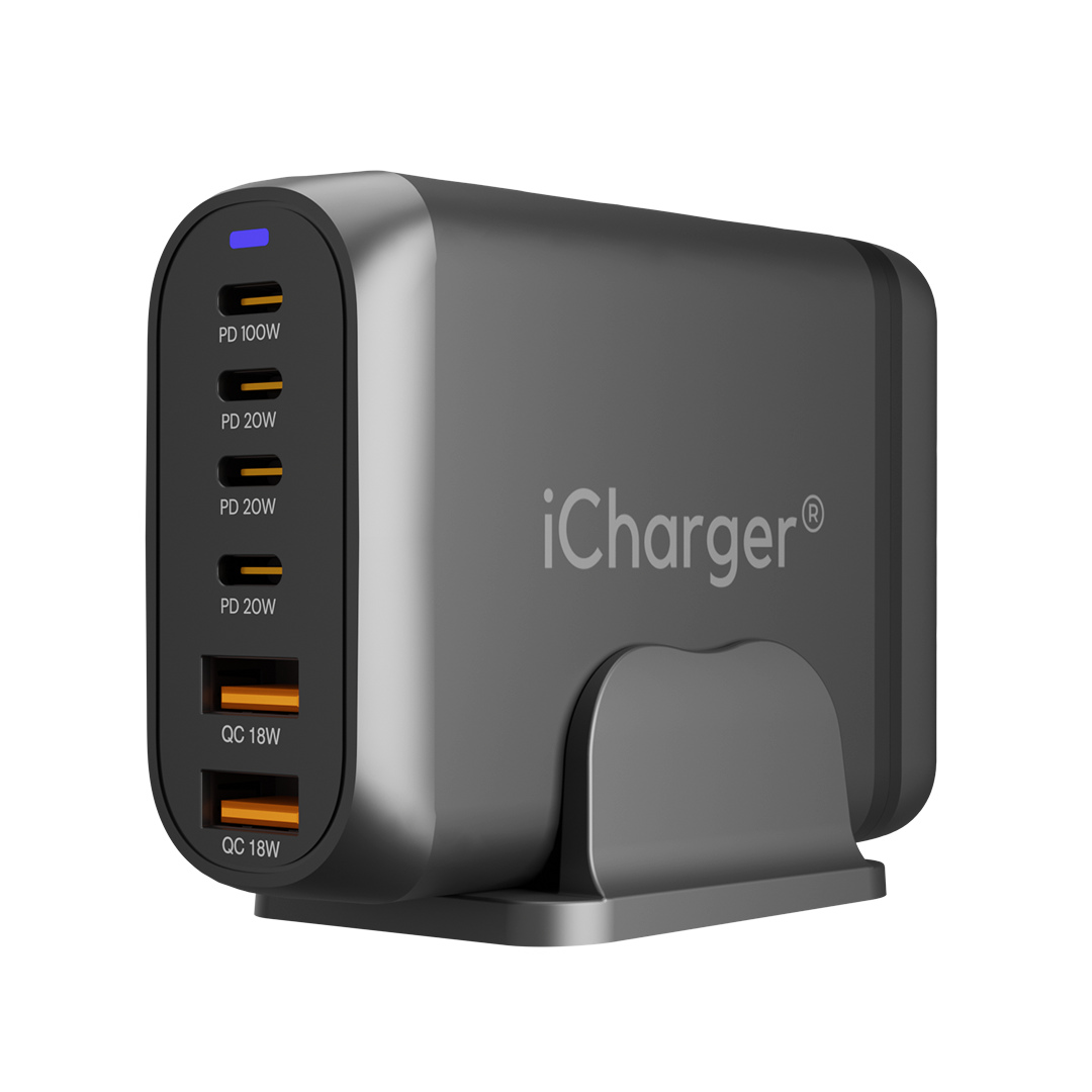Elegant design of iCharger 200W GaN3 with durable aluminum body and intuitive layout on a tech setup.