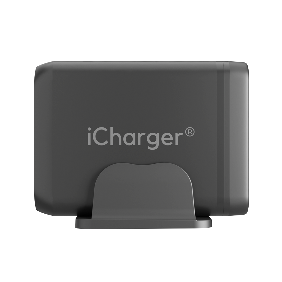 Modern iCharger 200W GaN3 5-in-1 setup with smartphone, tablet, and laptop charging simultaneously.