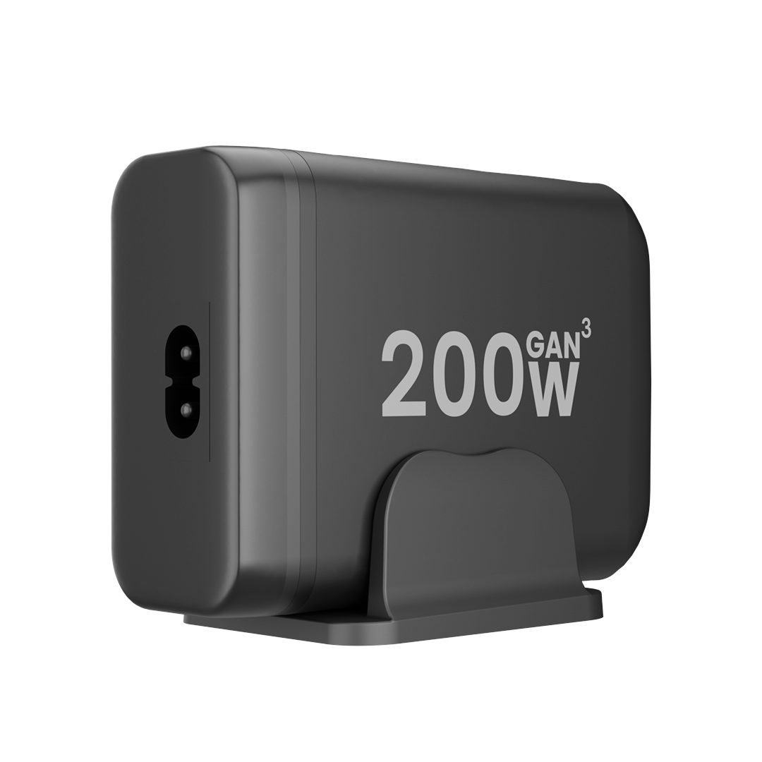Elegant design of iCharger 200W GaN3 with durable aluminum body and intuitive layout on a tech setup.
