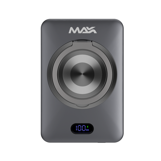 iCharger Max Ultra 5000mAh 10000mAh MagSafe battery pack with 360° rotatable SmartRing, digital display showing 100% battery status, and premium aluminum alloy design for wireless charging