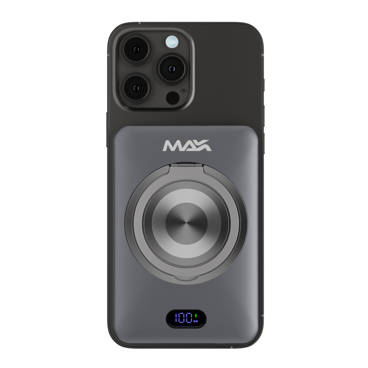 iCharger Max Ultra 5000mAh 10000mAh MagSafe battery pack attached to smartphone with 360° rotatable SmartRing, digital display for real-time battery status, and Qi2 technology wireless charging 