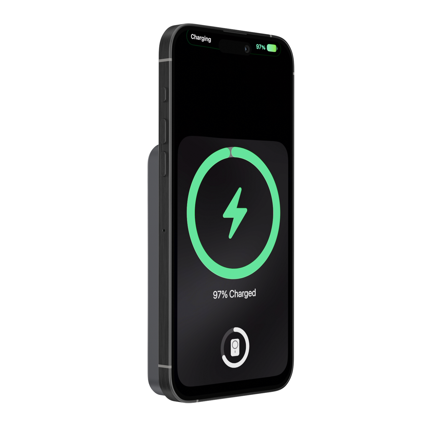 iCharger Max Ultra 10,000mAh MagSafe wireless charging battery pack with 20W USB-C input/output, stand function, and digital power display, attached to iPhone for hands-free use Dual MagSafe Animation