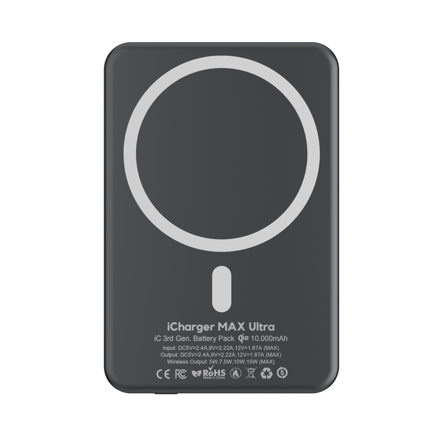 Front view of iCharger Max Ultra 10,000mAh MagSafe battery pack featuring 20W USB-C input/output, premium magnetic design, and Qi2 wireless charging for iPhone series