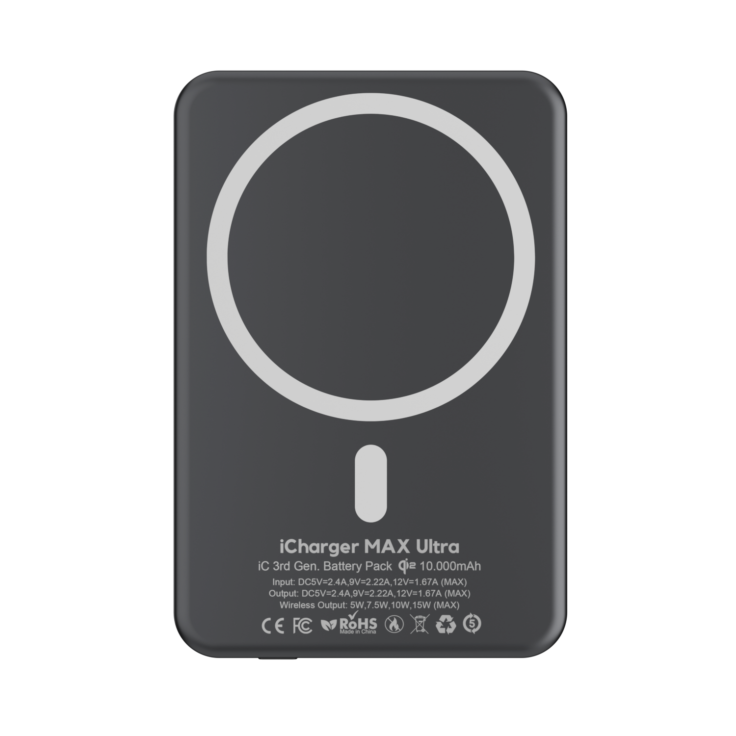 Front view of iCharger Max Ultra 10,000mAh MagSafe battery pack featuring 20W USB-C input/output, premium magnetic design, and Qi2 wireless charging for iPhone series