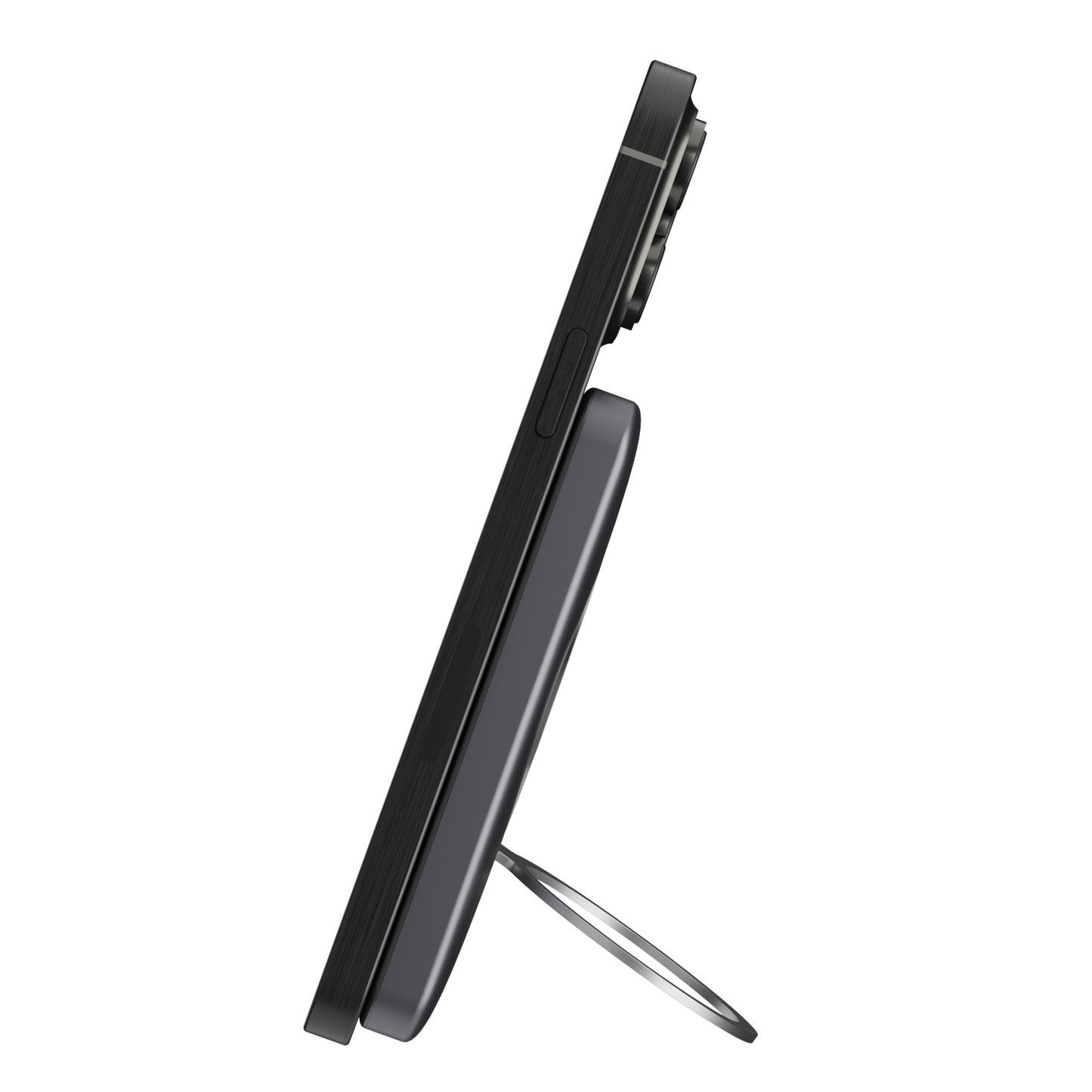 Side profile of iCharger Max Ultra MagSafe battery pack with 20W USB-C fast charging, 360° rotatable SmartRing stand, attached to iPhone for stable, hands-free viewing and wireless charging