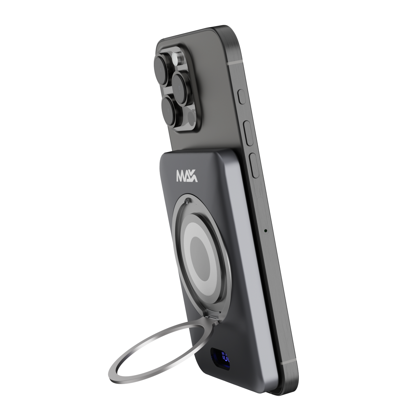 Close-up of iPhone 16 pro max charging with iCharger Max Ultra MagSafe battery pack featuring 15W Qi2 Wireless charging and 20W USB-C input/output, real-time digital power display, and seamless magnetic alignment