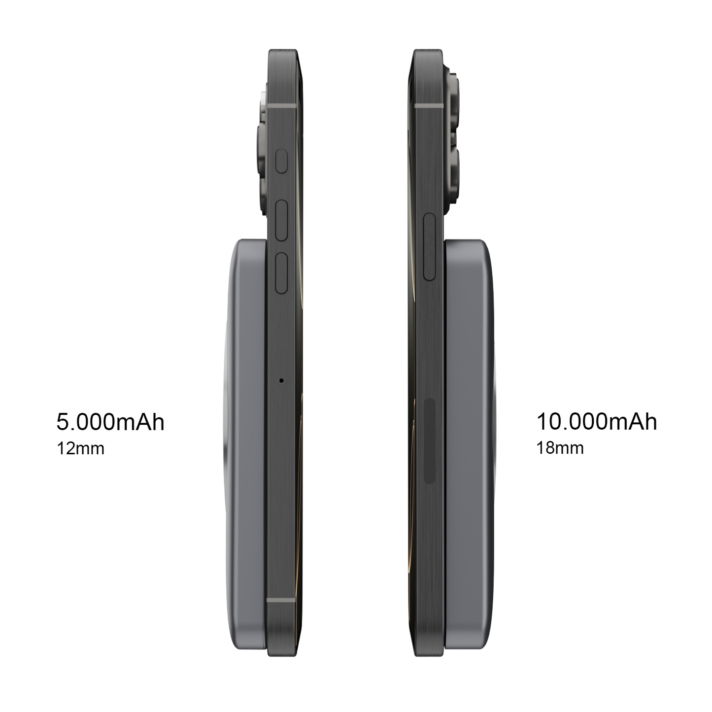 iCharger Max Ultra 5000mAh and 10,000mAh MagSafe battery pack side-by-side comparison, featuring slim design, 20W USB-C input/output, and strong magnetic attachment for wireless charging
