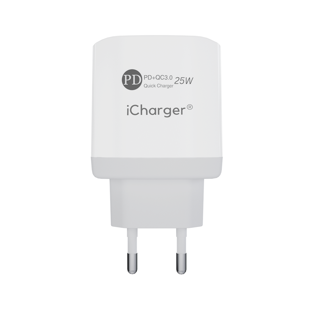 iCharger 25W Dual Port Adapter Front View - High-Speed Charging with USB-C and USB-A Ports