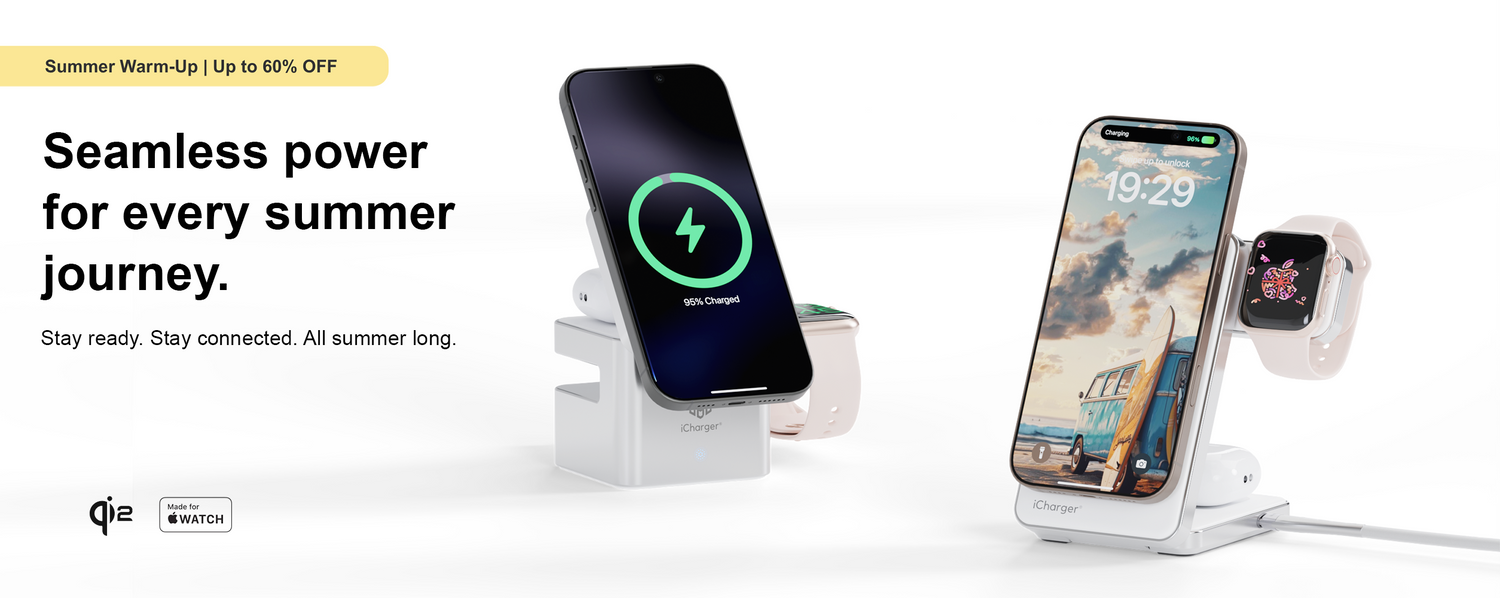 iCharger Qi2 3-in-1 charging station and compact wireless charging setup for iPhone and Apple Watch, premium desk charger.