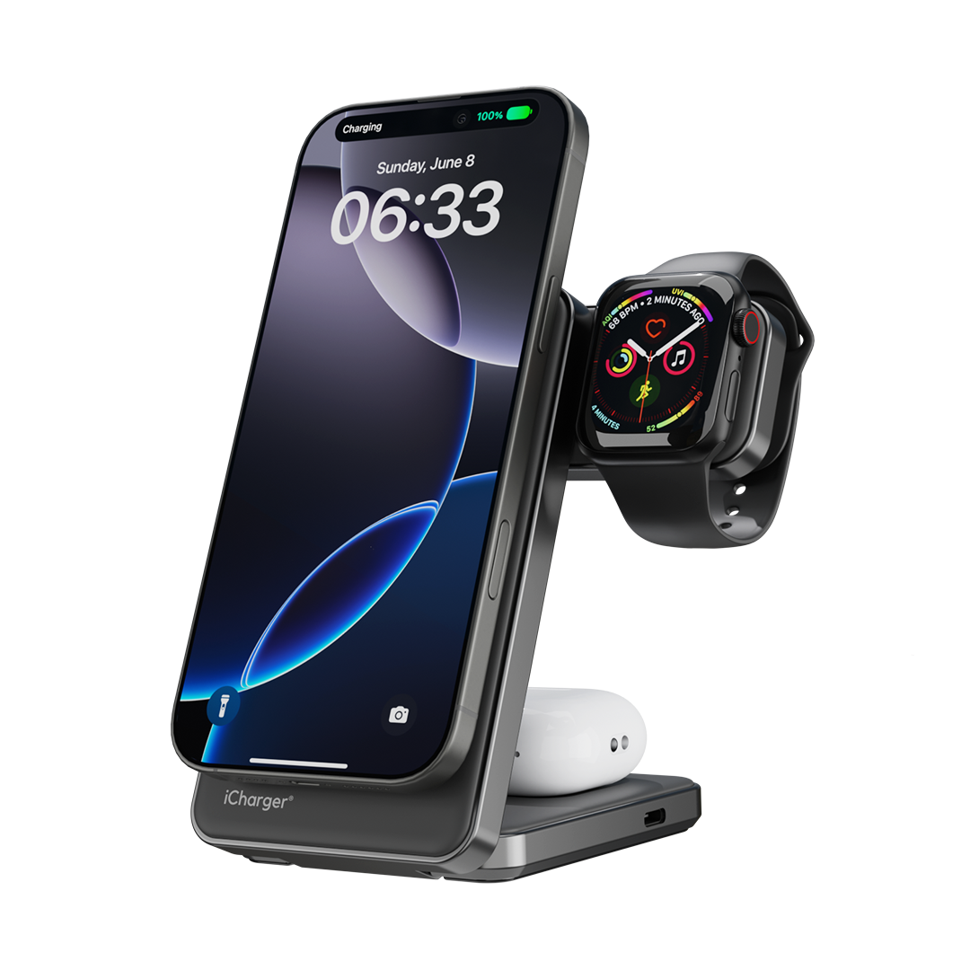 iCharger Ultra Slim Qi2 wireless charging station for iPhone, Apple Watch, and AirPods featuring 15W Qi2 fast charging and compact foldable design