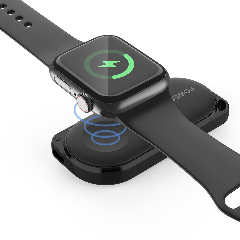 Black iCharger MicroBOOST Apple Watch wireless charger with Type-C connectivity for portable power